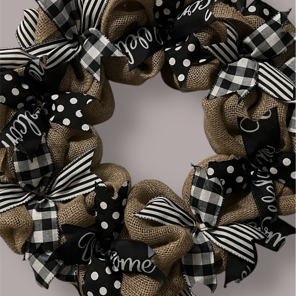 Chic Burlap and Black Ribbon Holiday Wreath